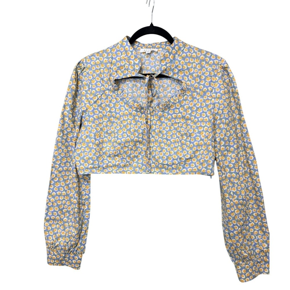 Azura‎ Large Blue Daisy Floral Cotton Long Sleeve Keyhole Crop Top AZT1190
